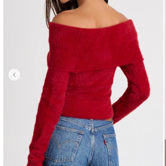 Ravenna Red Eyelash Knit Off-the-Shoulder Sweater Top Lulus SMALL - Picture 3 of 4